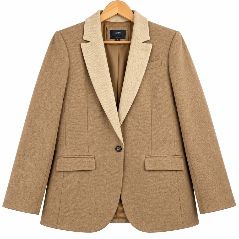 J.Crew Alfie Blazer Two Tone Wool Blend Camel Tan Cream Notched Lapel Size 8
